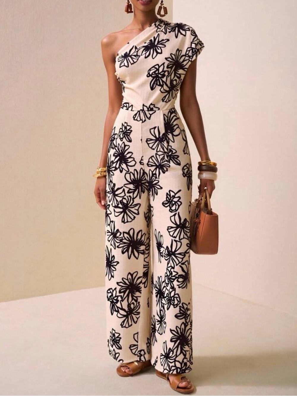 One-Shoulder Floral Wide-Leg Jumpsuit in Cream & Black